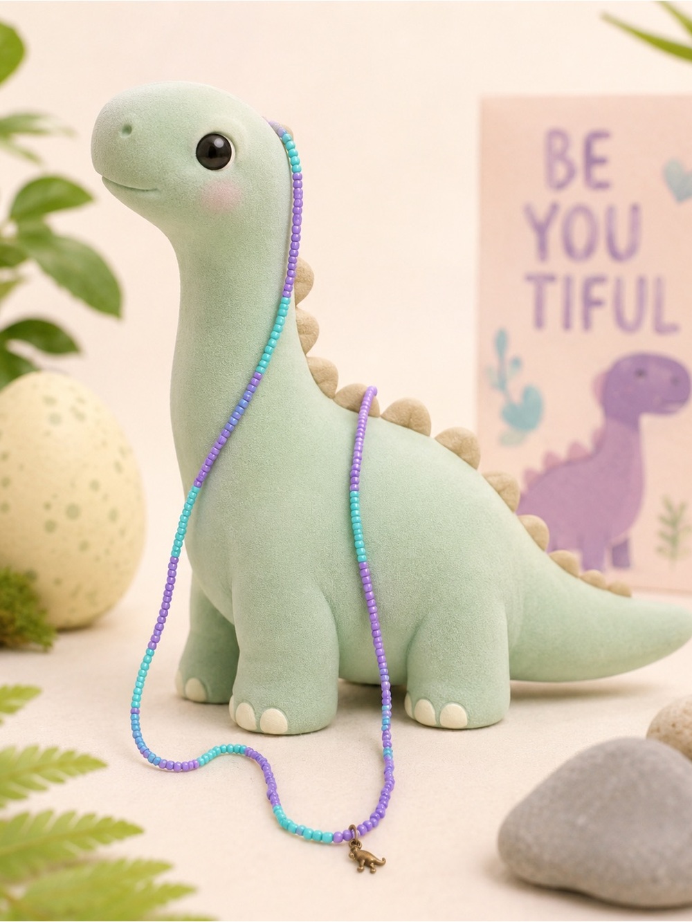 Pastel Dinosaur Beaded Necklace 31” & free Matching Charm Ring Set